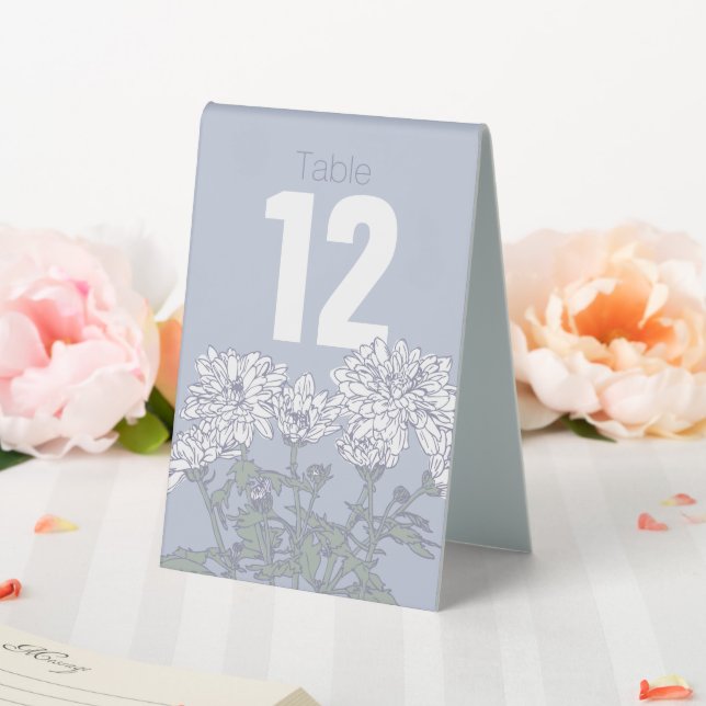 Chrysanthemum white flower wedding table numbers tent (In SItu (Wedding))