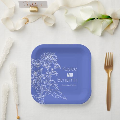 Chrysanthemum white on blue flowers wedding paper plates