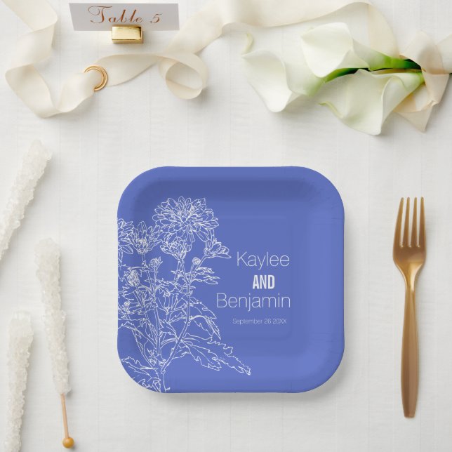Chrysanthemum white on blue flowers wedding paper plates (Wedding)