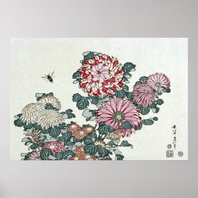 Chrysanthemums & Bee, Japanese Art by Hokusai Poster (Front)