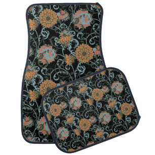 Chrysanthemums Black Background, Floral Vintage. Car Floor Mat