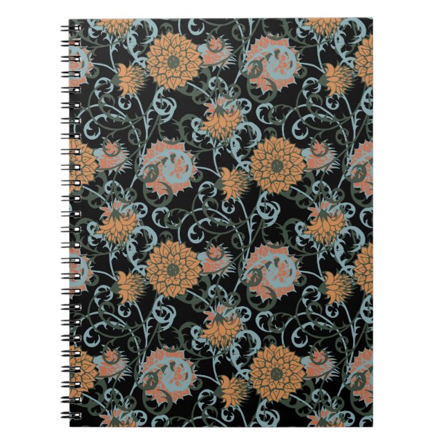 Chrysanthemums Black Background, Floral Vintage. Notebook (Front)