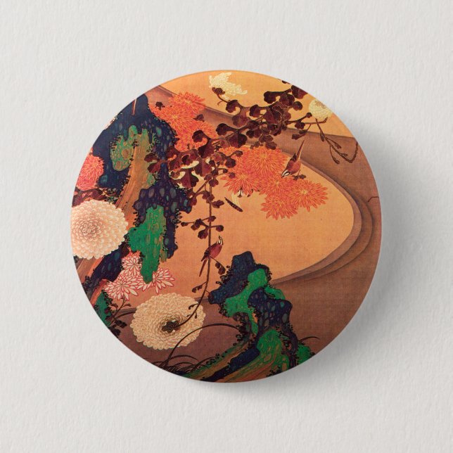 Chrysanthemums by a stream with rocks (1760) button (Front)