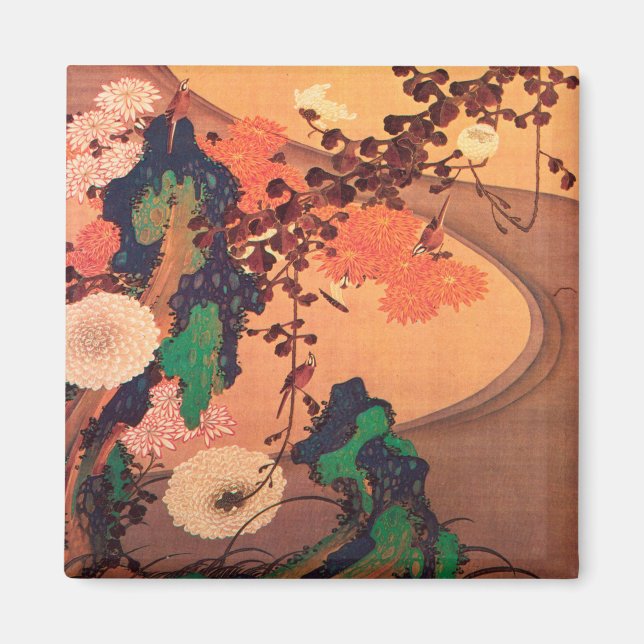Chrysanthemums by a stream with rocks (1760) magnet (Front)