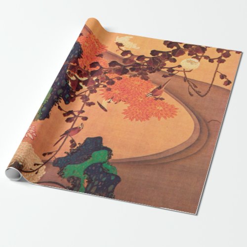 Chrysanthemums by a stream with rocks 1760 wrapping paper