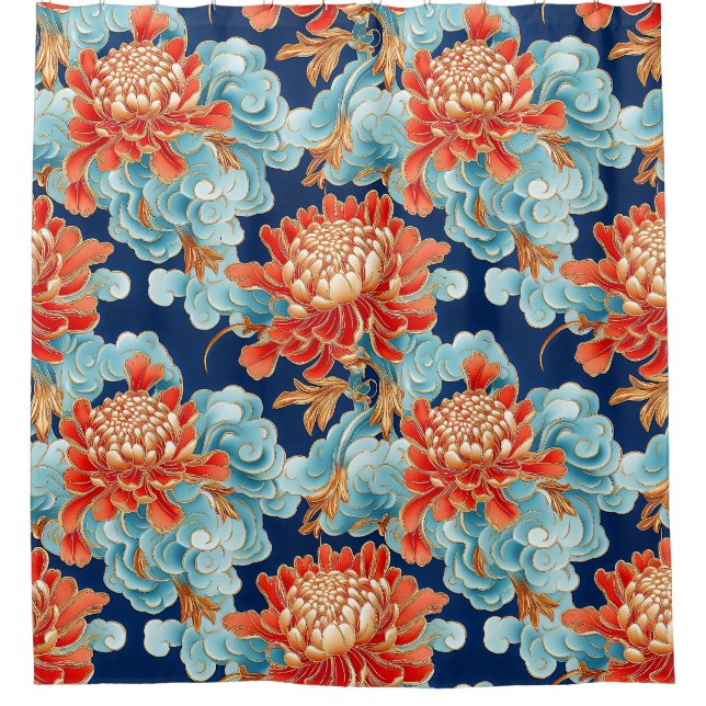 Chrysanthemums,Chinese cloud pattern background Shower Curtain (Front)