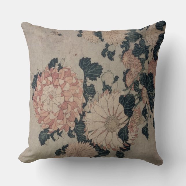 Chrysanthemums (colour woodblock) throw pillow (Front)