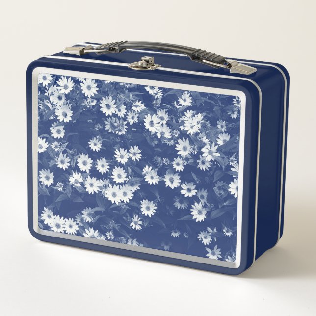 Chrysanthemums - Cyanotype Effect Metal Lunch Box (Front)