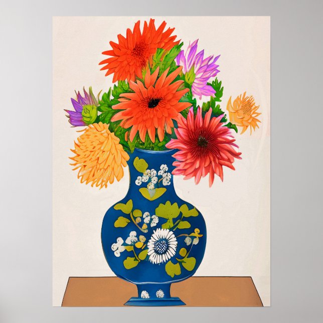 Chrysanthemums in a Blue Chinese Vase Poster (Front)