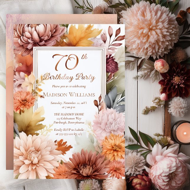Chrysanthemums Peonies Floral 70th Birthday Party Foil Invitation (Elegant Boho Chrysanthemums and Peonies Floral 70th Birthday Party Invitation - Rose Gold Foil)