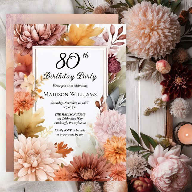 Chrysanthemums Peonies Floral 80th Birthday Party Invitation (Elegant Boho Chrysanthemums and Peonies Floral 80th Birthday Party Invitation - Print | Digital)