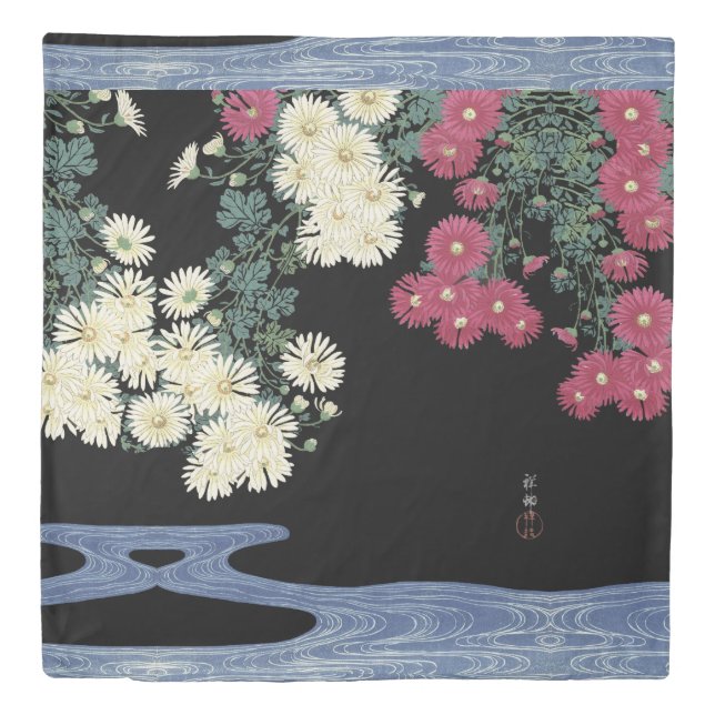 Chrysanthemums,Running Water ,Japanese Floral Duvet Cover (Front)