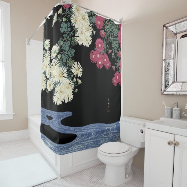 Chrysanthemums,Running Water ,Japanese Floral Shower Curtain (In Situ)