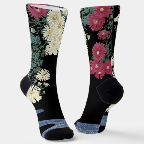 Chrysanthemums,Running Water ,Japanese Floral  Socks