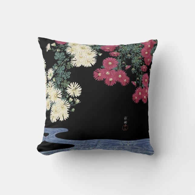 Chrysanthemums,Running Water ,Japanese Floral Throw Pillow (Front)