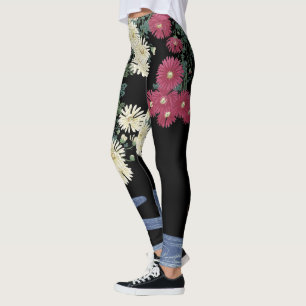 Chrysanthemums,Running Water,Zen Japanese Floral Leggings