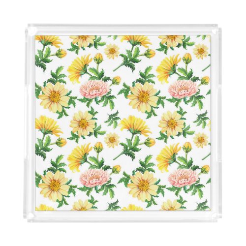 Chrysanthemums Watercolor Seamless Floral Design Acrylic Tray