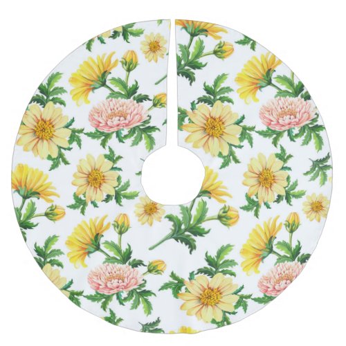 Chrysanthemums Watercolor Seamless Floral Design Brushed Polyester Tree Skirt