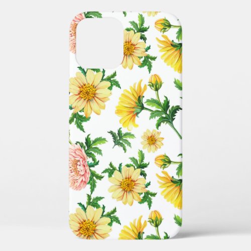 Chrysanthemums Watercolor Seamless Floral Design iPhone 12 Case