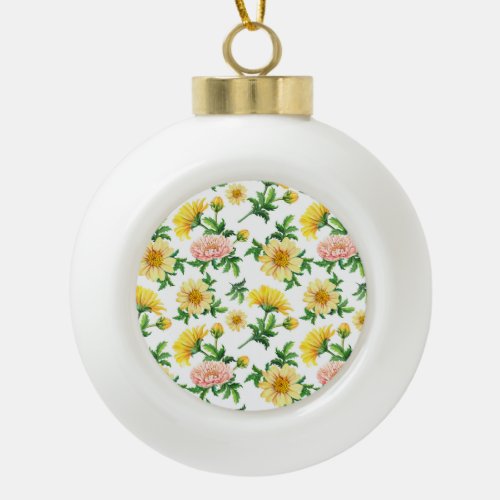 Chrysanthemums Watercolor Seamless Floral Design Ceramic Ball Christmas Ornament