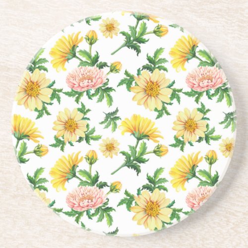 Chrysanthemums Watercolor Seamless Floral Design Coaster