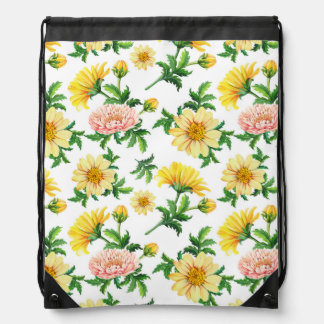 Chrysanthemums Watercolor: Seamless Floral Design Drawstring Bag