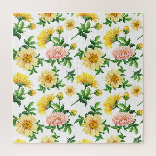 Chrysanthemums Watercolor Seamless Floral Design Jigsaw Puzzle