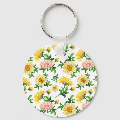 Chrysanthemums Watercolor Seamless Floral Design Keychain