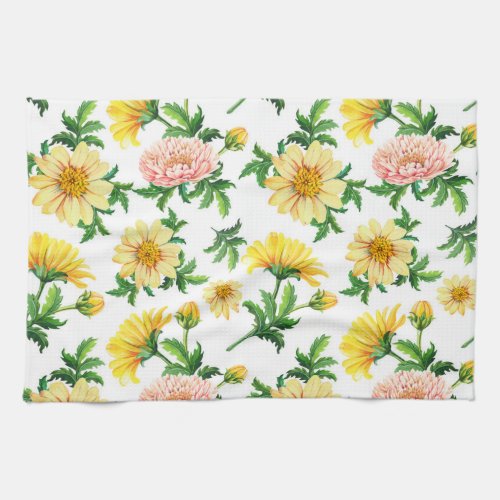 Chrysanthemums Watercolor Seamless Floral Design Kitchen Towel