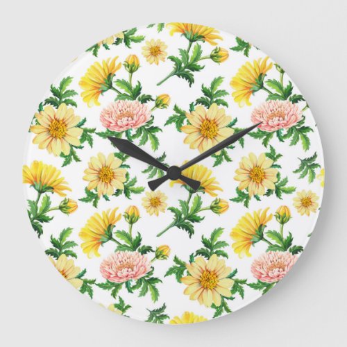 Chrysanthemums Watercolor Seamless Floral Design Large Clock