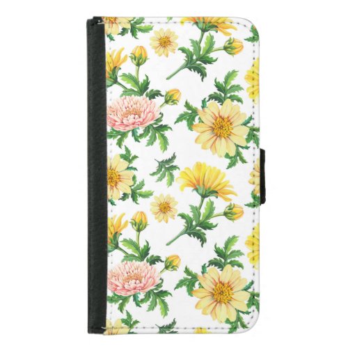 Chrysanthemums Watercolor Seamless Floral Design Samsung Galaxy S5 Wallet Case