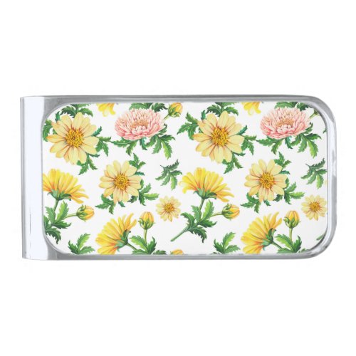 Chrysanthemums Watercolor Seamless Floral Design Silver Finish Money Clip