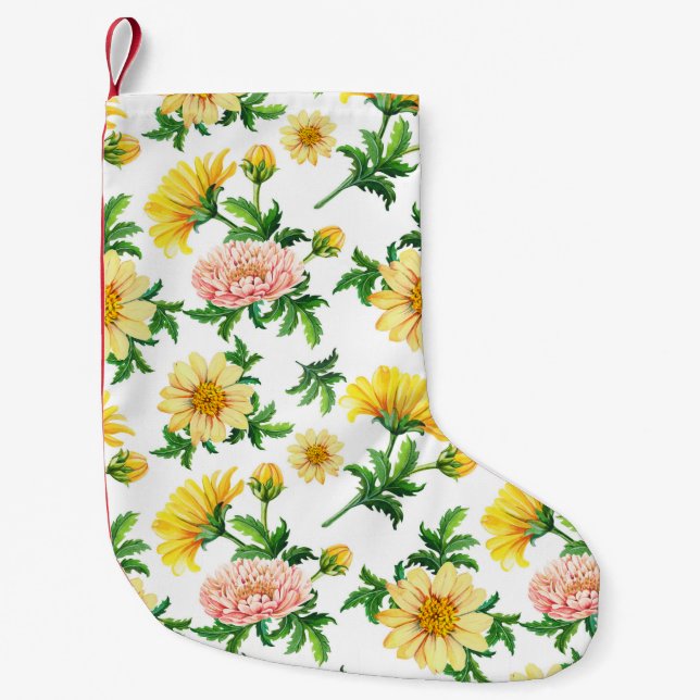 Chrysanthemums Watercolor: Seamless Floral Design Small Christmas Stocking (Front)