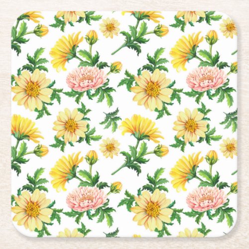 Chrysanthemums Watercolor Seamless Floral Design Square Paper Coaster