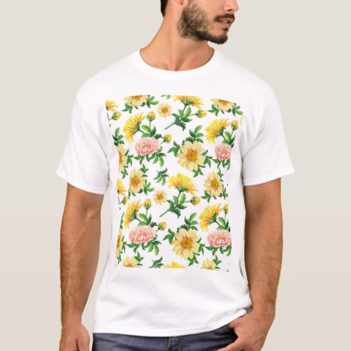 Chrysanthemums Watercolor Seamless Floral Design T_Shirt