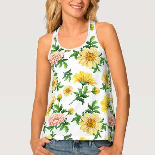 Chrysanthemums Watercolor Seamless Floral Design Tank Top