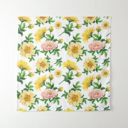Chrysanthemums Watercolor Seamless Floral Design Tapestry