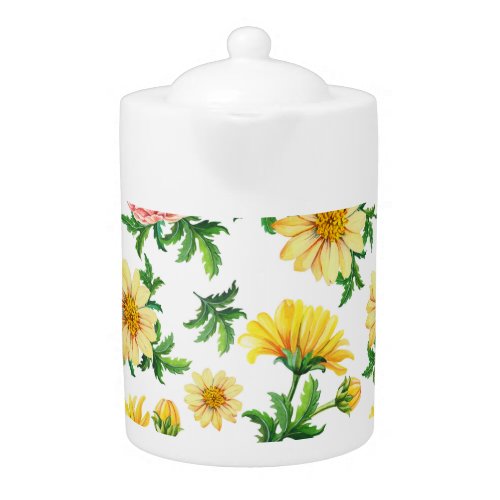 Chrysanthemums Watercolor Seamless Floral Design Teapot