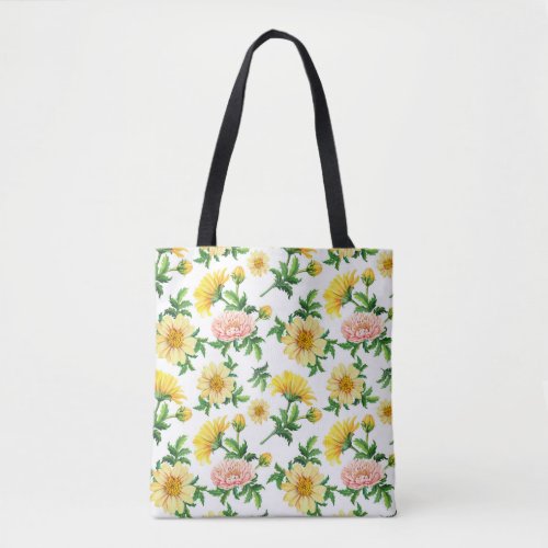 Chrysanthemums Watercolor Seamless Floral Design Tote Bag