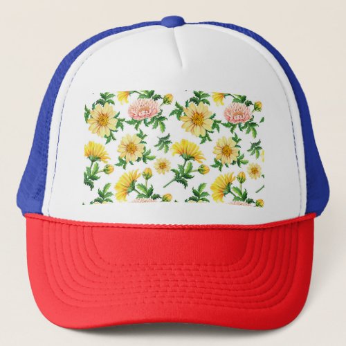 Chrysanthemums Watercolor Seamless Floral Design Trucker Hat
