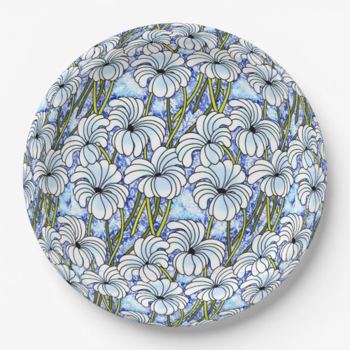 Chrysanthemums _ White Blue Green Paper Plates