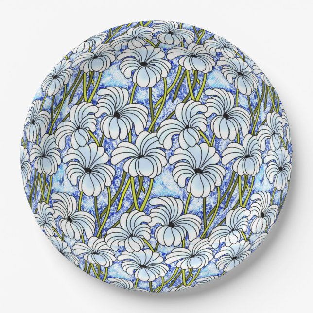 Chrysanthemums - White, Blue, Green Paper Plates (Front)