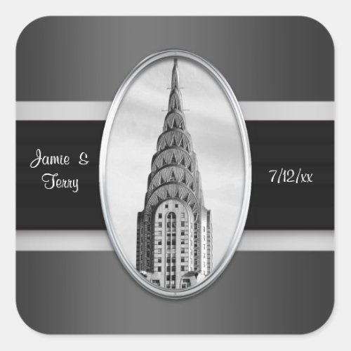 Chrysler Building Invitation Suite Black Silver BW Square Sticker