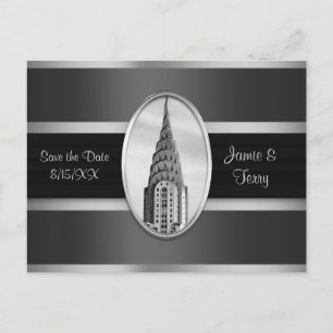 Chrysler Building Save the Date Gray Silver BW Announcement Postcard