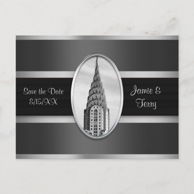 Chrysler Building Save the Date Gray Silver BW Announcement Postcard (Front)