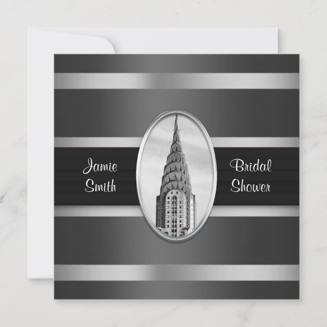 Chrysler Building Shower Invite Black, Silver (Front)