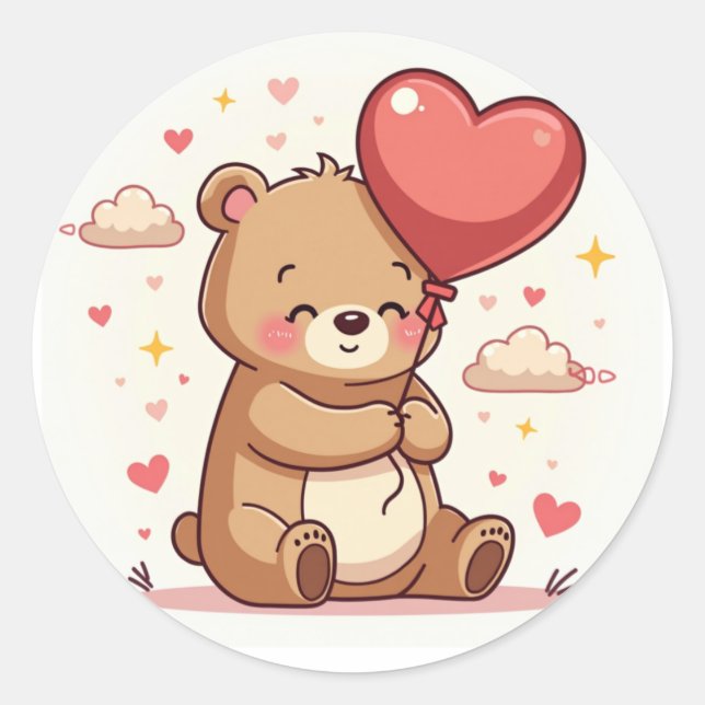 Chubby Bear Hugging Heart Balloon Classic Round Sticker (Front)