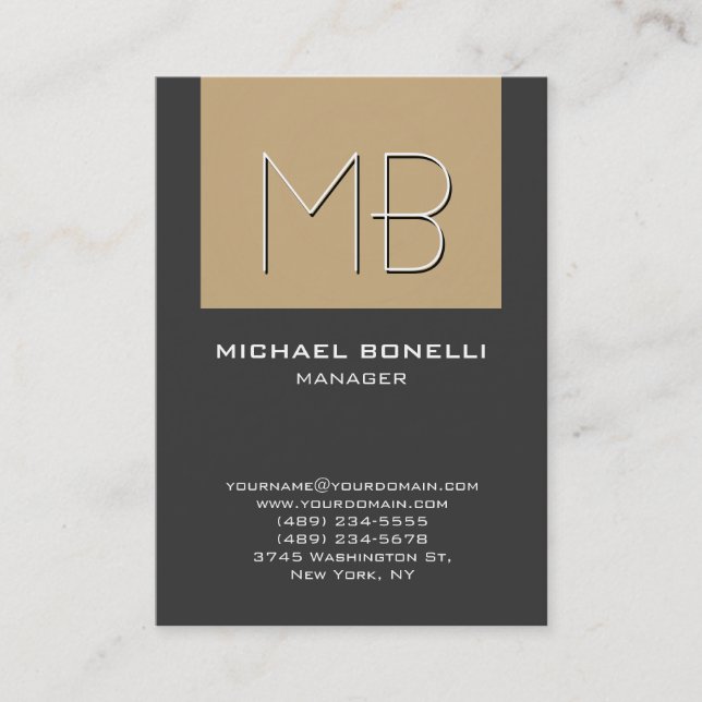 Chubby beige gray unique monogram business card (Front)