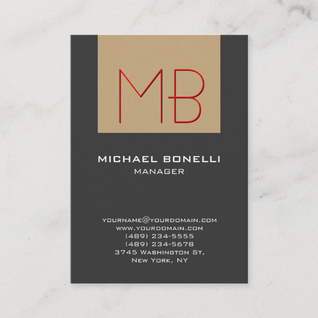 Chubby beige red gray chic monogram business card (Front)