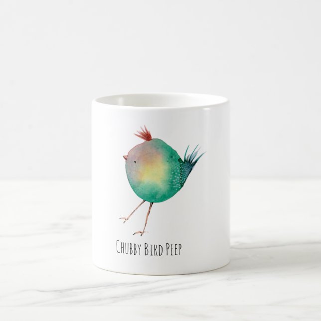 Chubby Bird Peep, Whimsical bird, colourfull Koffi Coffee Mug (Center)